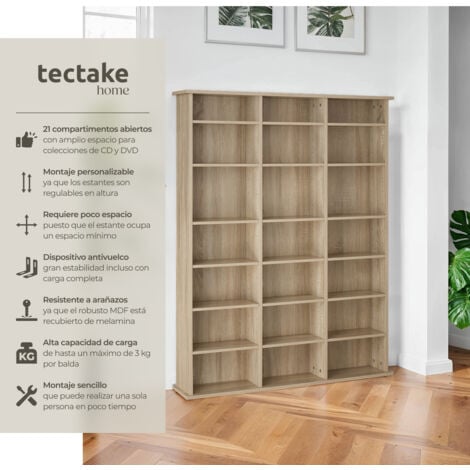 Estantería Stevie 105,5x19x136,5cm - estantería de madera para DVD, mueble para CDs con pared posterior estable, estantes de almacenamiento para salón