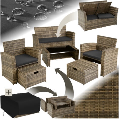 Conjunto de ratán Módena con funda protectora incluida - mueble de exterior de poli ratán, muebles de ratán sintético con cojines y fundas, asientos de jardín de polirratán con estructura de aluminio