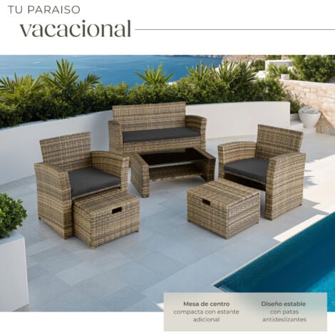 Conjunto de ratán Módena con funda protectora incluida - mueble de exterior de poli ratán, muebles de ratán sintético con cojines y fundas, asientos de jardín de polirratán con estructura de aluminio