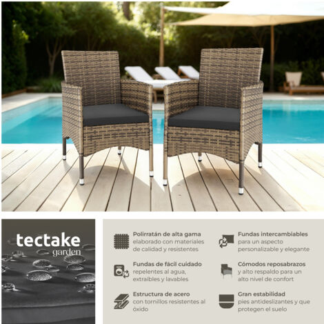 2 Sillas de ratán + 4 fundas - conjunto de sillas de comedor imitación mimbre, muebles de ratán sintético con cojines y fundas, set de asientos de jardín con estructura de acero