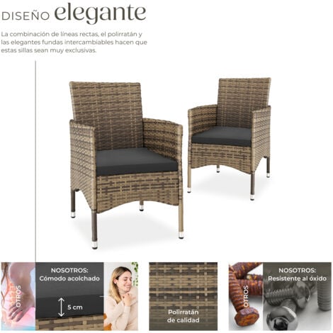 2 Sillas de ratán + 4 fundas - conjunto de sillas de comedor imitación mimbre, muebles de ratán sintético con cojines y fundas, set de asientos de jardín con estructura de acero