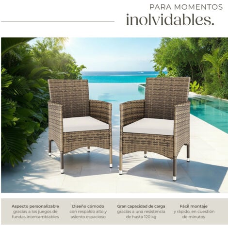 2 Sillas de ratán + 4 fundas - conjunto de sillas de comedor imitación mimbre, muebles de ratán sintético con cojines y fundas, set de asientos de jardín con estructura de acero