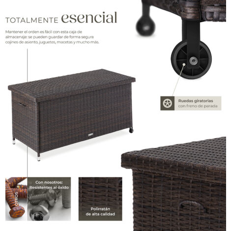 Baúl de almacenamiento Kiruna con trenzado de ratán sintético, 120x55x61,5 cm, 270l - Baúl de almacenaje, baúl portátil tapizado, cofre acolchado para jardín