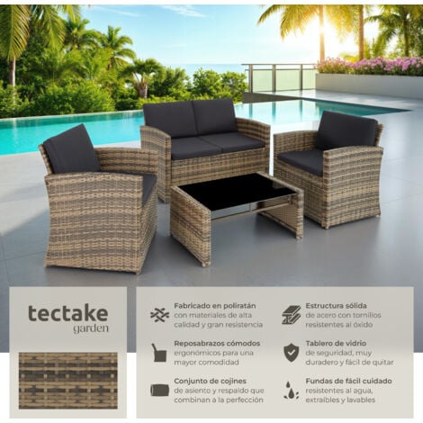 Conjunto de ratán JESOLO - mueble de exterior de poli ratán, muebles de ratán sintético con cojines y fundas, asientos de jardín con estructura de acero