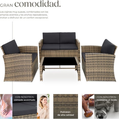 Conjunto de ratán JESOLO - mueble de exterior de poli ratán, muebles de ratán sintético con cojines y fundas, asientos de jardín con estructura de acero