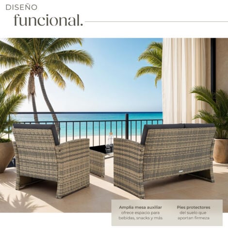 Conjunto de ratán JESOLO - mueble de exterior de poli ratán, muebles de ratán sintético con cojines y fundas, asientos de jardín con estructura de acero