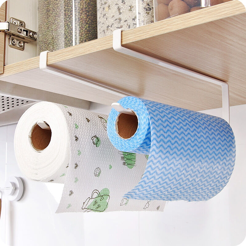 Soporte para toallas de papel, soporte para toallas papel de cocina de hierro, soporte para toallas de papel montado en la pared, sin perforación, soporte para rollos de papel higiénico blanco