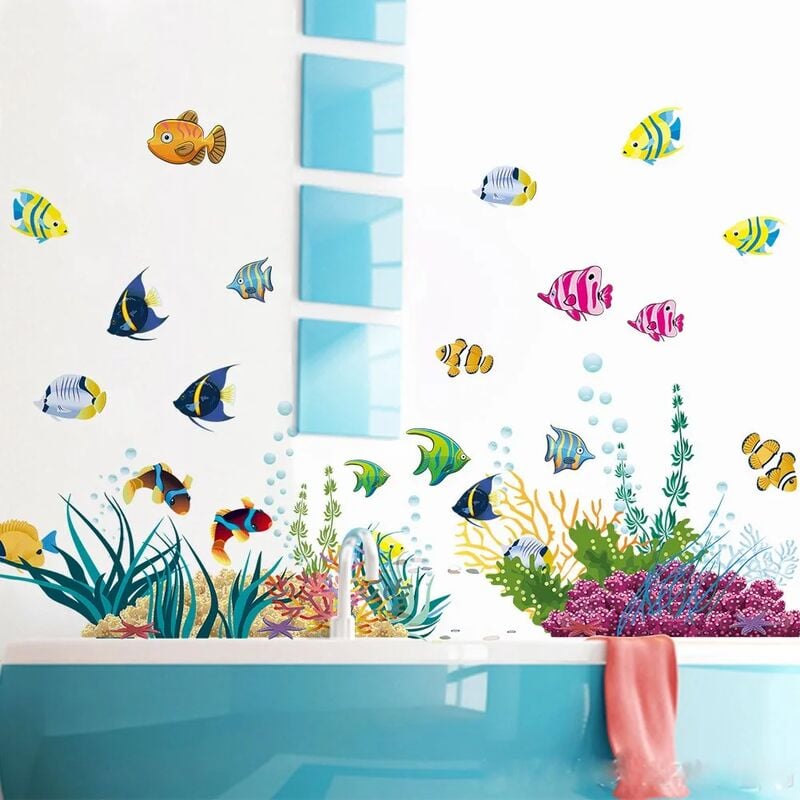 Vinilos infantiles MUNDO SUBMARINO 1 (130x42 cm) I pez acuario vinilos marinos I vinilos para azulejos de baño habitación infantil bebé niño niña