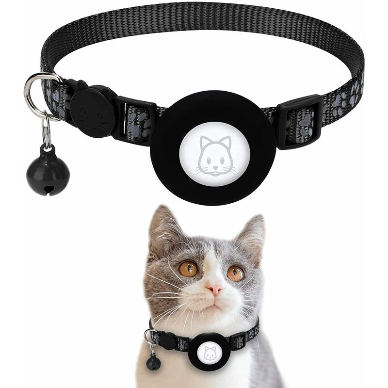 Collar para gatos Airtag con hebilla de seguridad y campana Seguro, liviano, cómodo Collar ajustable Muñequera reflectante con soporte impermeable para etiquetas Airtag para gatos, cachorros, gatitos (negro)