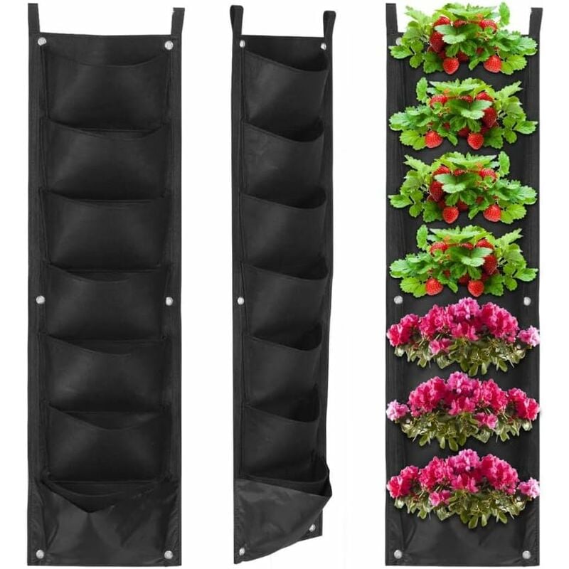 Maceta vertical con 7 bolsillos, para plantas y flores, apta para exteriores, interiores, jardinería, apartamentos, balcones, terrazas, etc., color negro