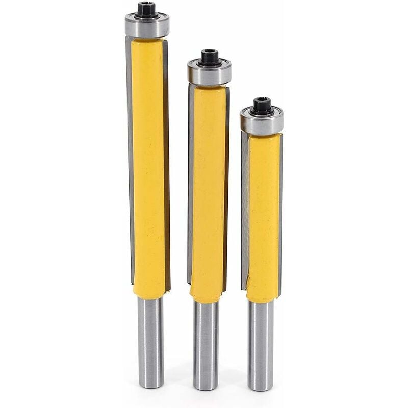 Cortador de copia de 3 piezas, cortador de vástago de 8 mm Herramientas de fresado de carpintería de bricolaje con rodamiento superior, cortador de carpintería Cortador extralargo Cortador de afeitar Broca recta