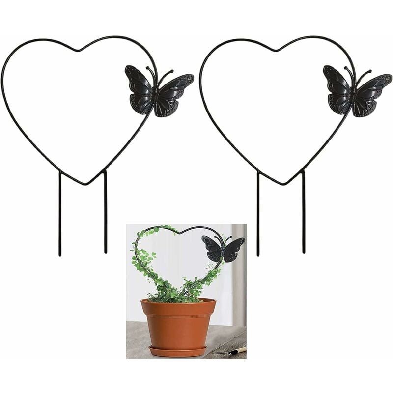 Paquete de 2 enrejados de jardín de hierro para plantas trepadoras mariposa en forma de corazón 31 x 27 cm alambre de soporte de plantas con revestimiento negro decoración para tallos de jardín vides, negro