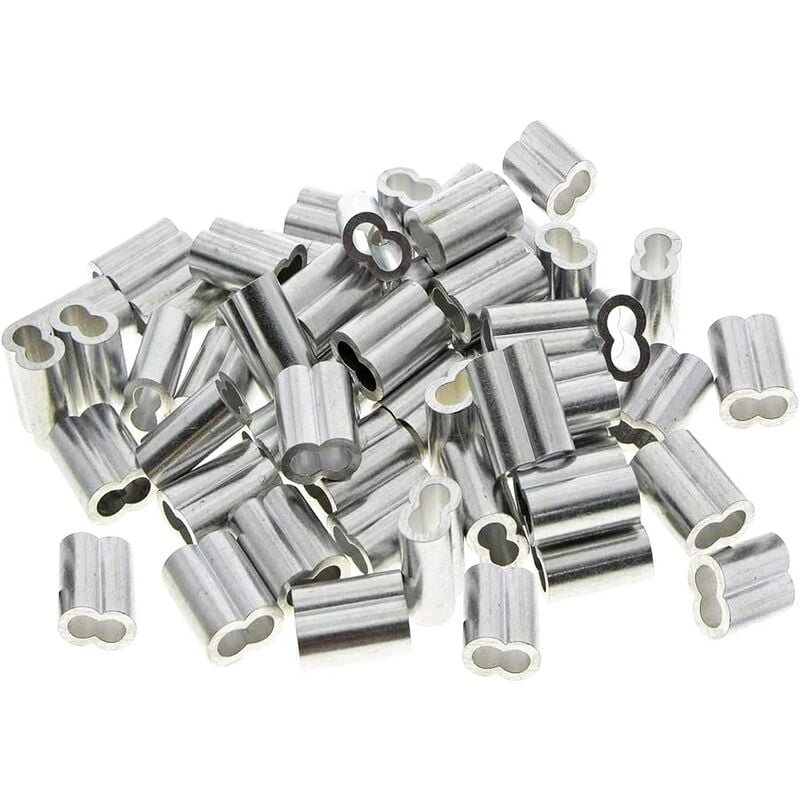 50 piezas de manguitos dobles de aluminio, manguitos de cable de acero de 3 mm, clips de manguito de hebilla de crimpado de aluminio con virolas dobles, para cables de acero, cable metálico, plata (3 mm)