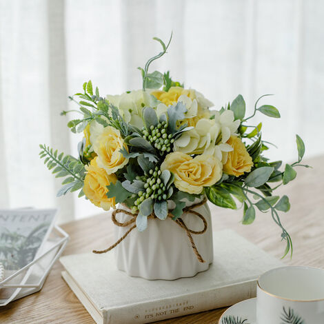 Flores artificiales con jarrón Triumph, arreglos florales de rosas de  hortensia falsas, plantas artificiales de flores