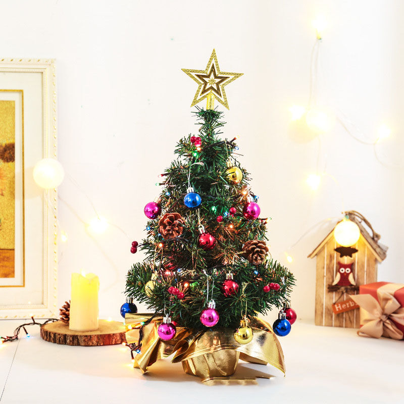 Mini árbol de Navidad artificial de 45 cm, árbol de Navidad de mesa con bolas de adornos navideños, árbol de Navidad pequeño en maceta con estrella de árbol de Navidad para decoraciones navideñas