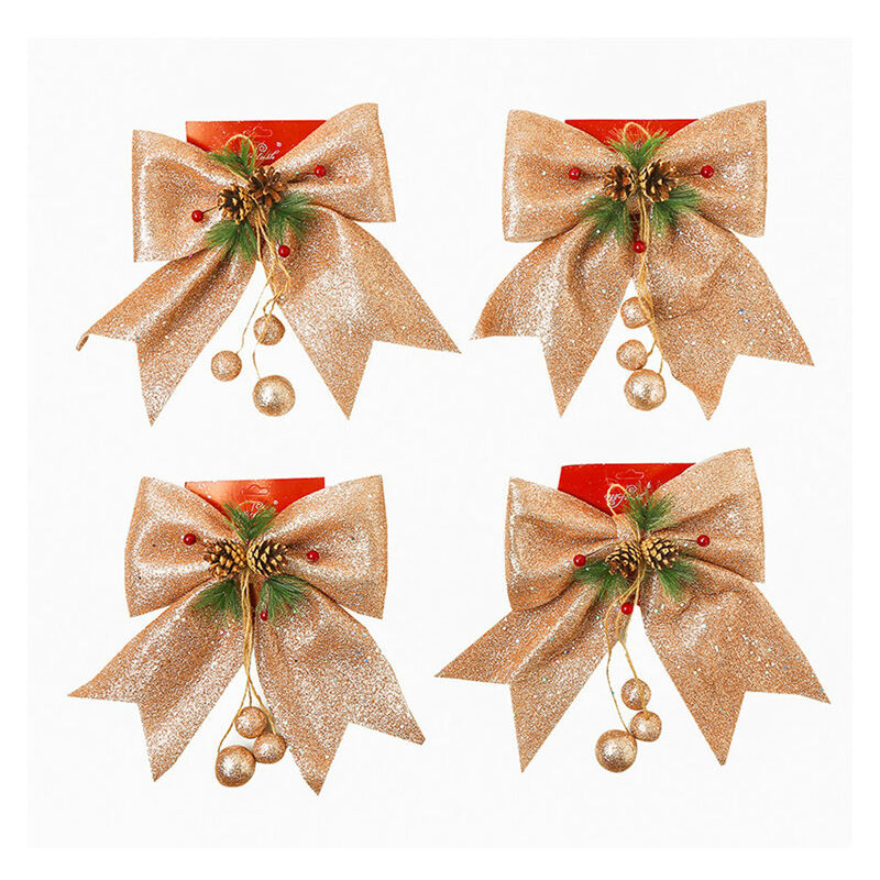 4 piezas de adornos de lazo de Navidad, lazos de corona de oro rosa, lazo de árbol de Navidad grande, pajaritas de purpurina, adornos de lazo decorativos de Navidad para la fiesta de Navidad en casa