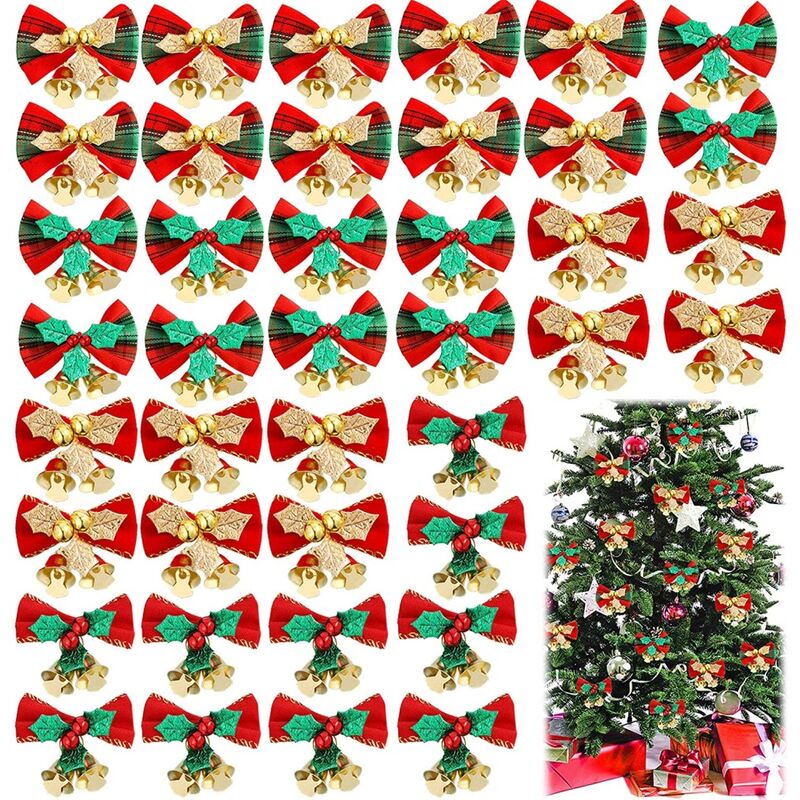 32 lazos de regalo con campanas pequeñas, nudo de Navidad, lazo decorativo con 2 patrones, nudo de árbol de Navidad, lazo de Navidad, lazo pequeño, regalo de Navidad, pajarita, cinta para decoración de árbol de Navidad, festival de Navidad