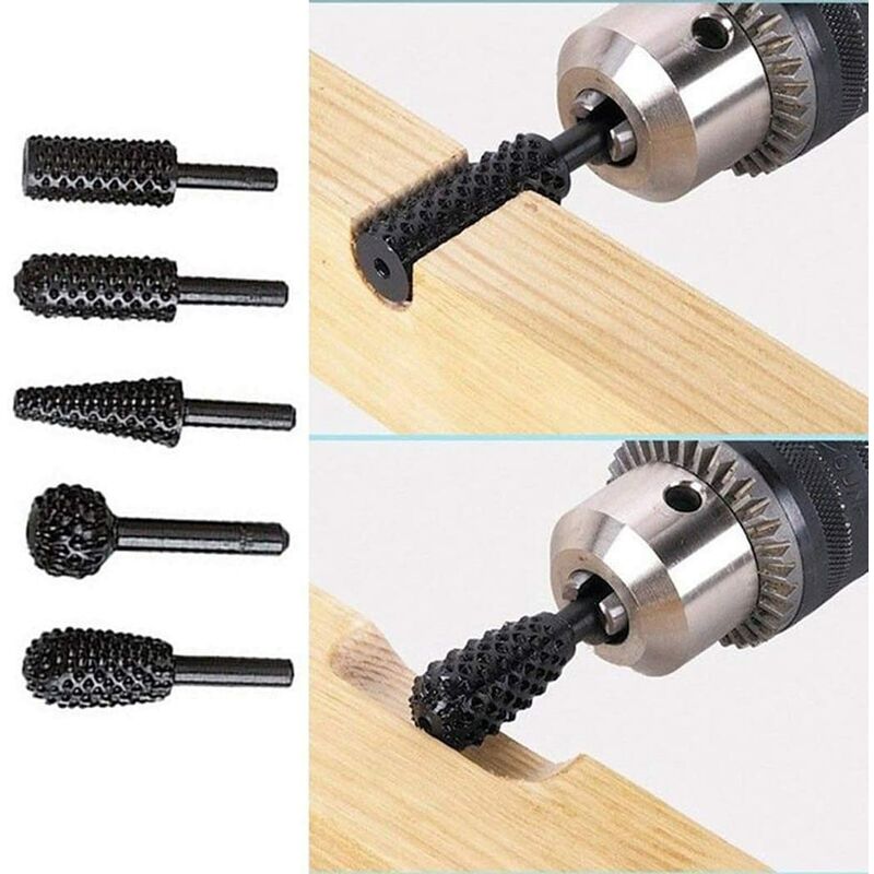 Juego de fresas rotativas de 1/4 "y 6 mm Herramientas eléctricas Pulido de madera Grabado Tallado Archivo Escofina Brocas Brocas rotativas Juego de brocas de vástago para kit de carpintería Paquete de 5 (negro)