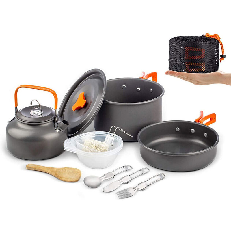 Juego de utensilios de cocina para acampar Juego de sartenes de aluminio duradero de 14 piezas, práctico juego de parrilla para ollas de picnic con tetera de café para caminatas (naranja)