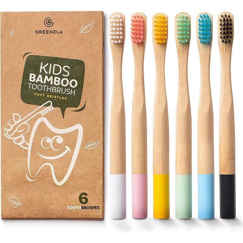 Cepillos de dientes de bambú (paquete de 6) Cepillo de dientes de cerdas suaves sin BPA | Juego de cepillos de dientes de bambú natural | Biodegradable