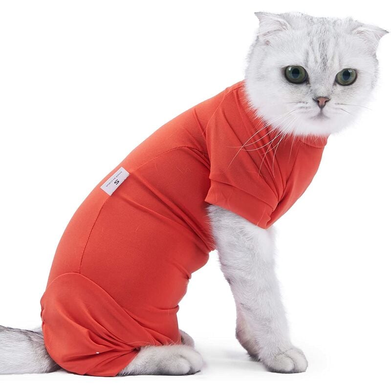 Kit de recuperación posquirúrgica para gatos - Pijama quirúrgico de manga  larga - Romper cómodo para gatos, S, Rojo