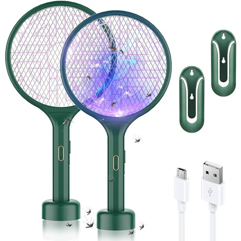 Matamoscas, matamoscas eléctrico USB 3 en 1, matamoscas eléctrico recargable con cubierta de malla en capas (2 piezas), verde oscuro