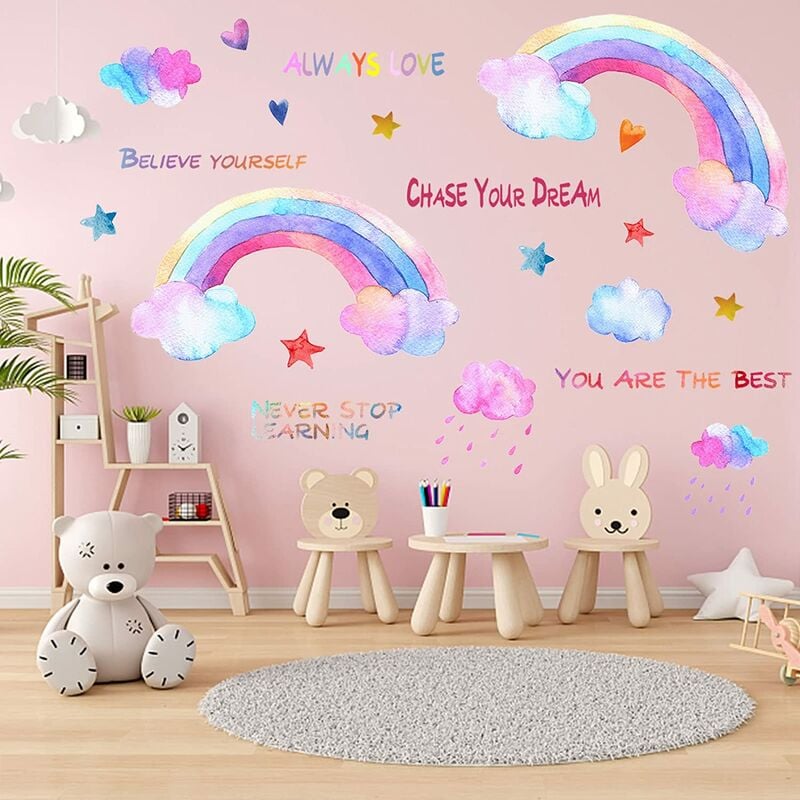 Calcomanías de pared para niños, decoración de la habitación del bebé, pegatinas de arco iris para la decoración de la sala de juegos de las niñas