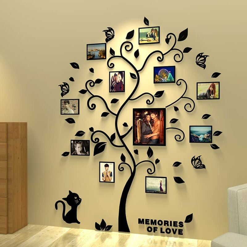 Adhesivo de pared 3D, Adhesivo de árbol extraíble Adhesivo de pared autoadhesivo 132 x 160 cm con 11 marcos, hoja negra