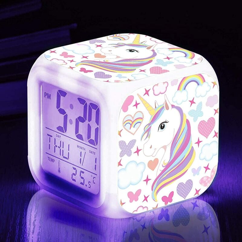 Despertadores para niñas, luz nocturna de unicornio, relojes despertadores para niños con patrón de unicornio de 4 lados y 9 tipos de LED que brillan intensamente, despertador, reloj de noche, regalos para decoración de habitación de unicornio para niñas