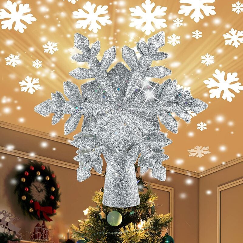 Copos de nieve para árboles de Navidad, decoraciones para árboles de Navidad con proyector de copos de nieve LED giratorio para decoraciones para árboles de Navidad en interiores y exteriores (plata)