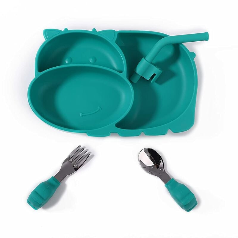 Platos de silicona divididos para niños pequeños, sin BPA, portátiles, antideslizantes, con ventosa, juego de cuchara y tenedor, aptos para vaca, lavavajillas y microondas (verde)