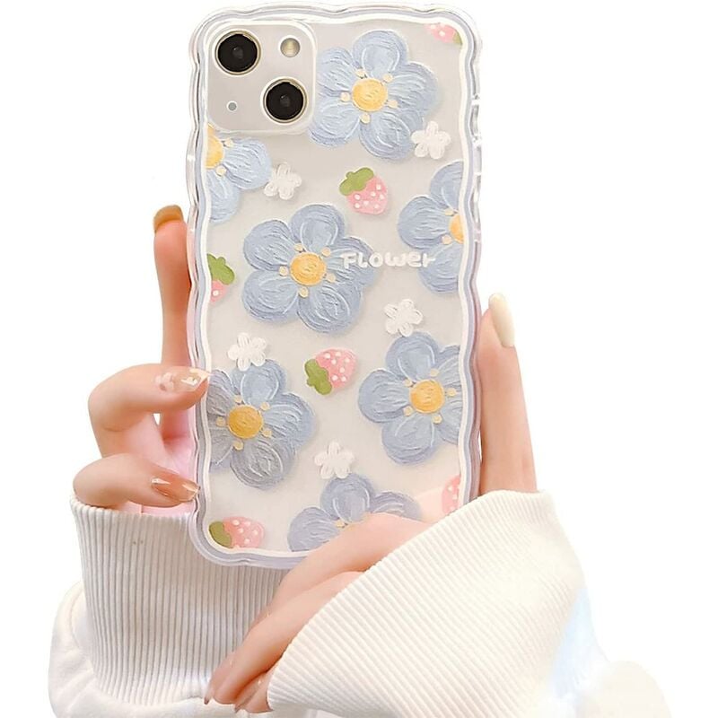 Compatible con iPhone 13 Funda con flor Lindo diseño de encaje de fresa para niñas Mujeres TPU Funda protectora delgada floral a prueba de golpes para iPhone 13-Azul