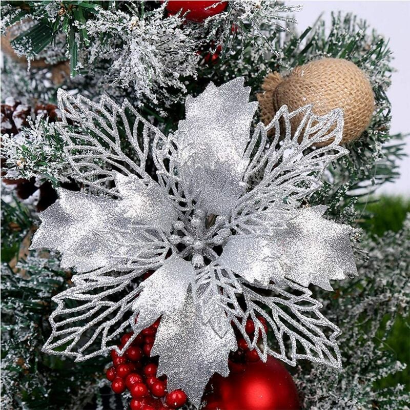 12 piezas DIY colgantes de árbol de Navidad flores de Navidad decoraciones colgantes para árbol de Navidad y decoraciones de fiesta decoración de árbol de Navidad (plata)