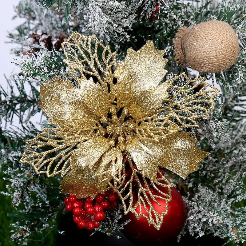12 piezas DIY colgantes de árbol de Navidad flores de Navidad decoraciones colgantes para árbol de Navidad y decoraciones de fiesta decoración de árbol de Navidad (oro)