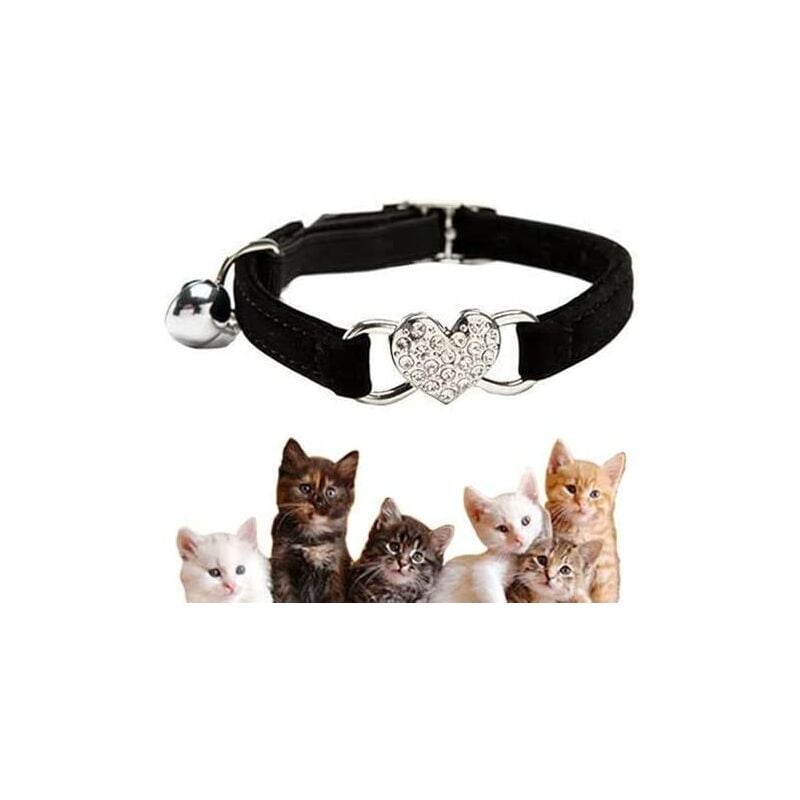 Collar de gato, collar de gato de terciopelo suave ajustable con campana, adecuado para la mayoría de los gatos y perros pequeños, negro (21 cm-28 cm)