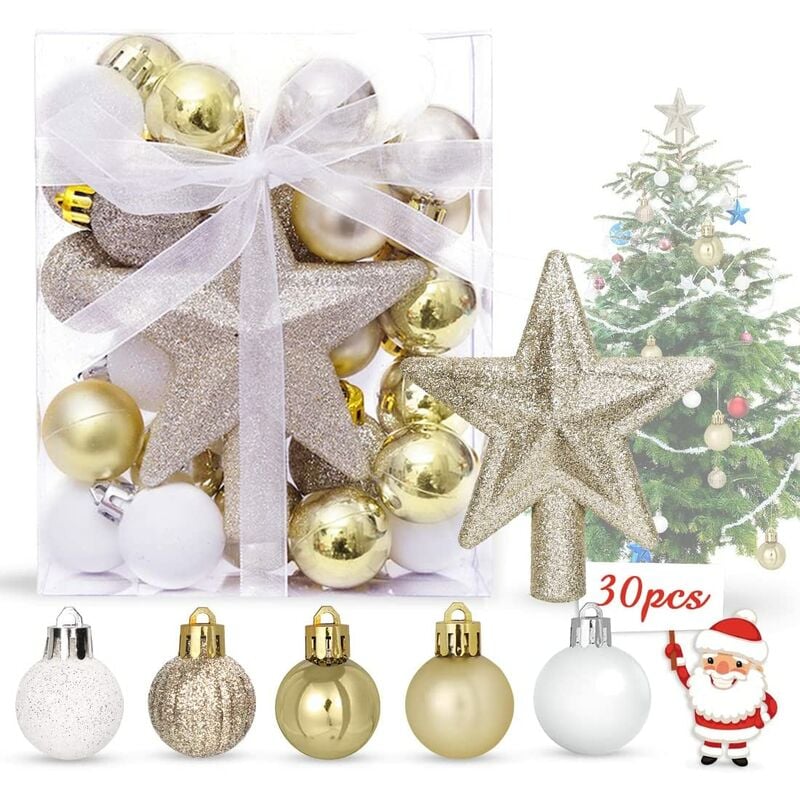 Paquete de 30 colgantes de árbol de Navidad de platino, colgantes de árbol de Navidad de plástico, juego de colgantes de árbol de Navidad para decorar bolas de árbol de Navidad con purpurina, 3 cm