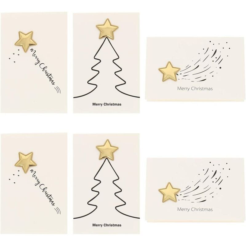 Set de 6 x Tarjetas de Felicitación de Navidad 3D Estrella Dorada en relieve sin sobre - Original Paquete de Tarjetas de Navidad - Diseño simple y moderno Árbol de Navidad y Feliz Navidad para escribir una palabra