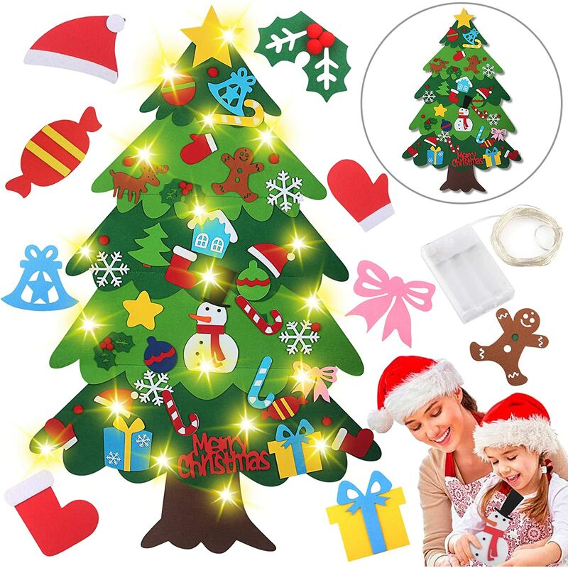 Árbol de Navidad de fieltro, árbol de Navidad de fieltro para decorar 32 piezas de adornos desmontables con 3M 30LED, árbol de Navidad de fieltro para el hogar, tienda, murales para niños, decoración de Navidad