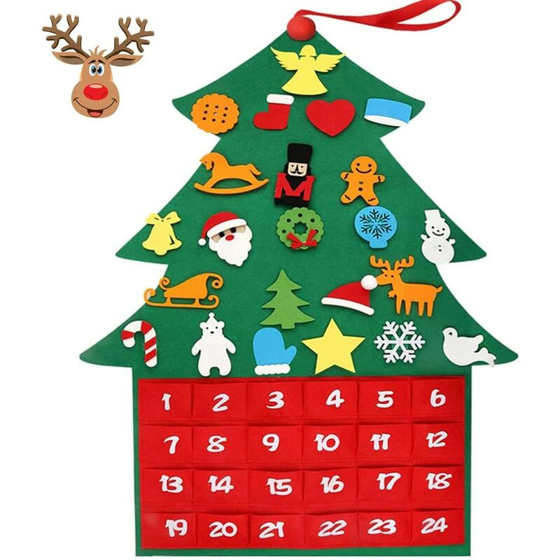 Árbol de Navidad de fieltro, bolsillo de calendario de árbol de Navidad DIY con 24 adornos desmontables, regalos de Navidad para niños, decoración de pared de puerta