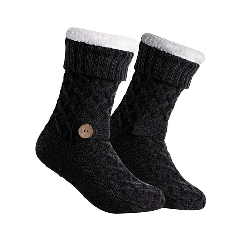 Calcetines pantuflas para mujer, calcetines de invierno para el hogar, calcetines antideslizantes, cálidos calcetines de invierno, calcetines con forro polar para mujer y niña (negro)