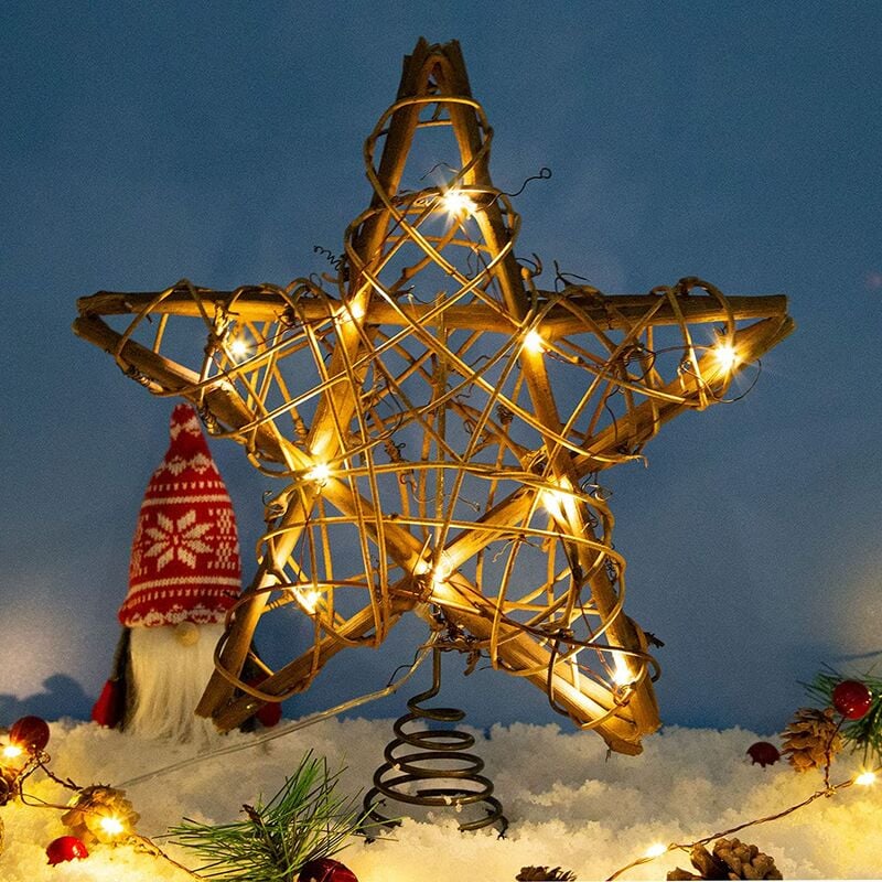 Adorno para árbol de Navidad de estrella, ratán natural rústico de 10.0 in con 10 luces blancas cálidas, 3 funciones con temporizador, decoración para árbol de Navidad