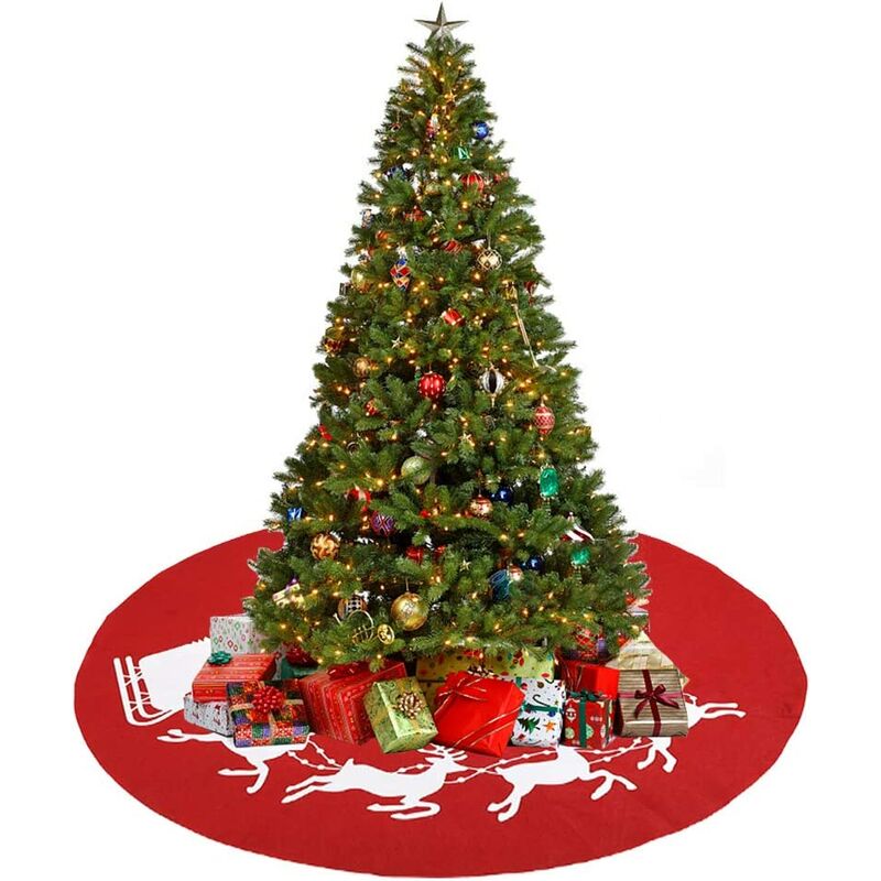 Falda de árbol de Navidad, cubierta de fieltro para árbol de Navidad, cubierta de falda de árbol de Navidad en rojo, patrón de trineo de Papá Noel, reno, fiesta de Navidad, decoración del hogar