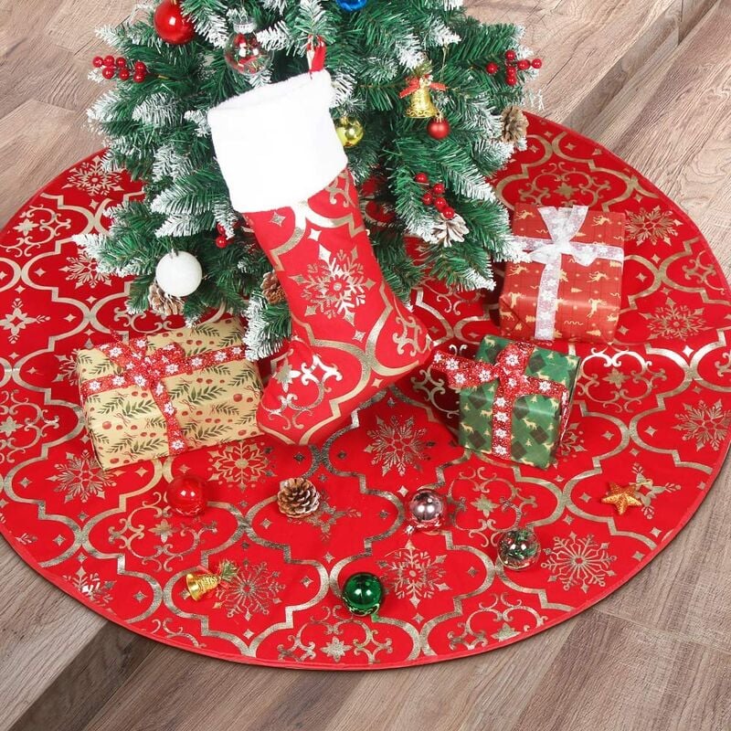 Falda de árbol de Navidad de 120 cm, tapete de árbol de Navidad con calcetín de Navidad, cubierta de soporte de árbol de Navidad, falda de árbol de Navidad roja, decoración de árbol de Navidad, para fiesta de Navidad, suministros para fiestas en el hogar