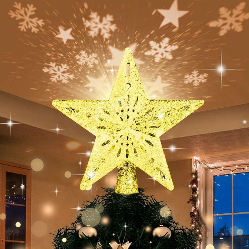 Luz de estrella de árbol de Navidad, árbol de Navidad de estrella con lámpara de proyector de copo de nieve LED giratoria, estrella de Navidad dorada 3D para decoración navideña de interior y exterior