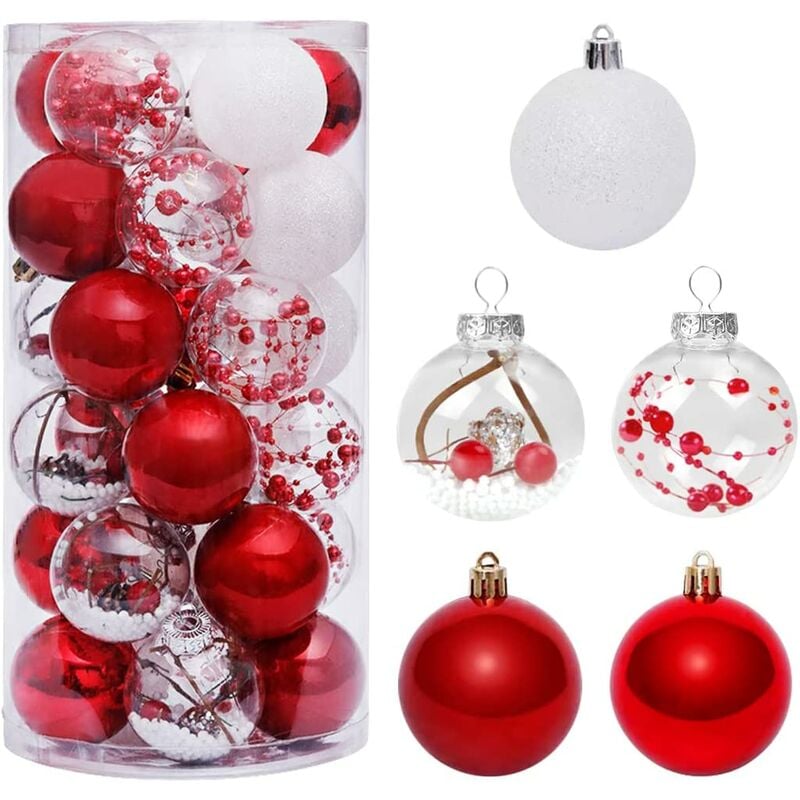 Bolas de Navidad rojas de 6 cm, paquete de 30 adornos de bolas de Navidad de plástico, adornos de bolas colgantes, decoraciones para árboles de Navidad (A)