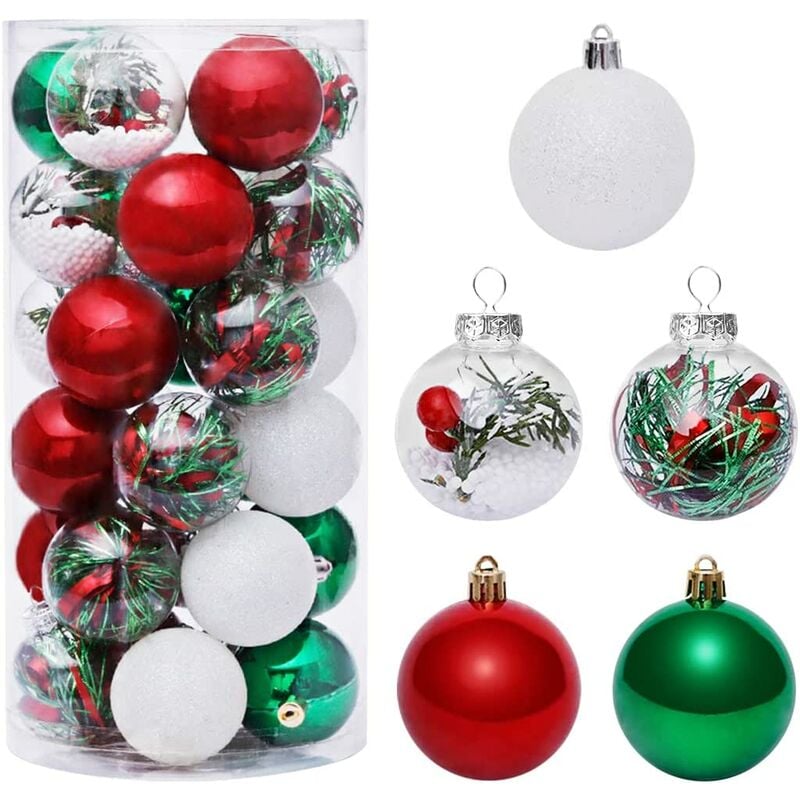 Bolas de Navidad verdes y rojas de 6 cm, paquete de 30 adornos de bolas de Navidad de plástico, adornos de bolas colgantes, decoraciones para árboles de Navidad (A)