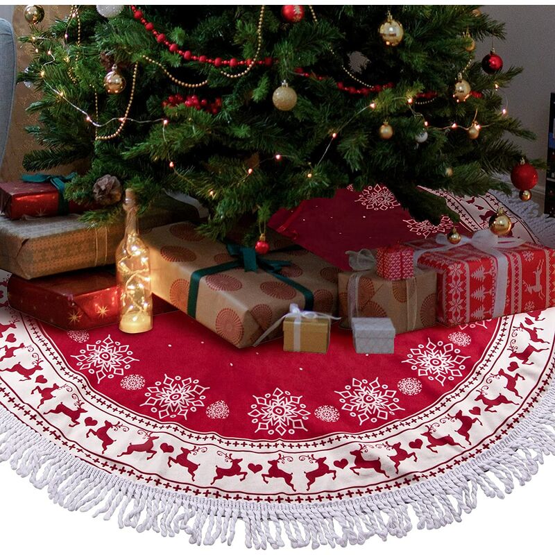 Falda de árbol de Navidad con borla, cubierta de soporte de árbol de Navidad de 122 cm, alfombra de árbol de Navidad roja y blanca, cubierta de soporte de árbol con alce de copo de nieve, decoración de árbol de Navidad, lavable