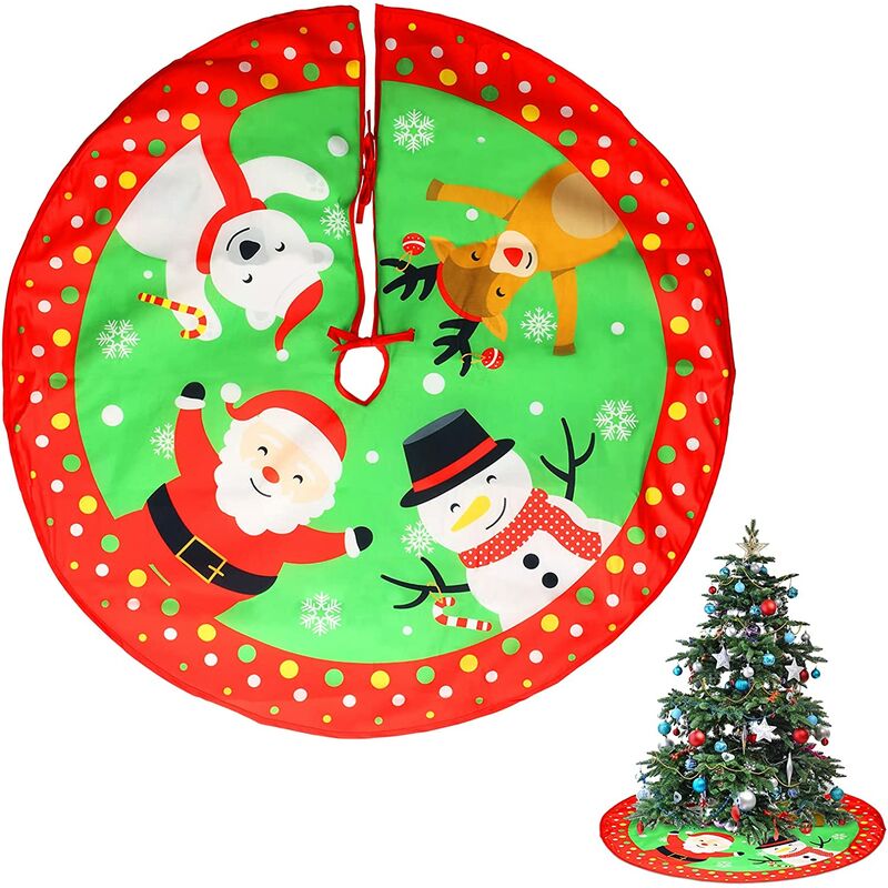 90 * 90 cm Falda de árbol de Navidad roja Falda de árbol de Navidad Alfombra de fieltro Cubierta de soporte de árbol de Navidad con alce Muñeco de nieve Patrón de oso polar de Papá Noel para decoración de árbol de Navidad de Navidad
