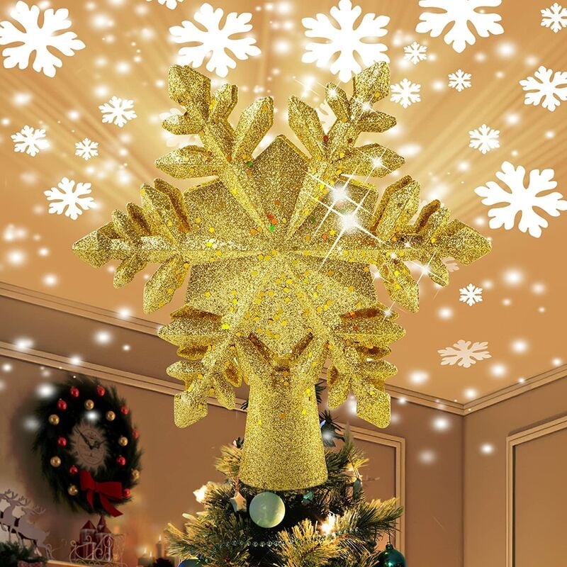 Copos de nieve para árboles de Navidad, decoraciones para árboles de Navidad con proyector de copos de nieve LED giratorio para decoraciones para árboles de Navidad en interiores y exteriores (dorado)