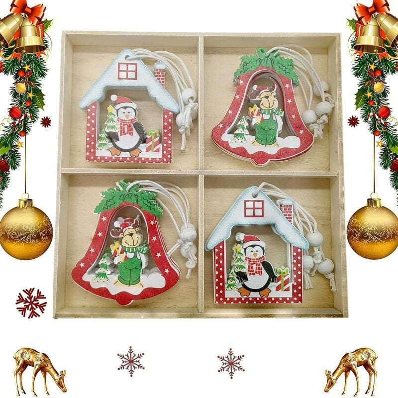 Conjunto de 12 adornos de árbol de Navidad de madera, colgantes de árbol de Navidad de madera, colgantes de árbol de Navidad de madera, decoraciones de árbol de Navidad de madera, decoraciones colgantes de árbol de Navidad de madera